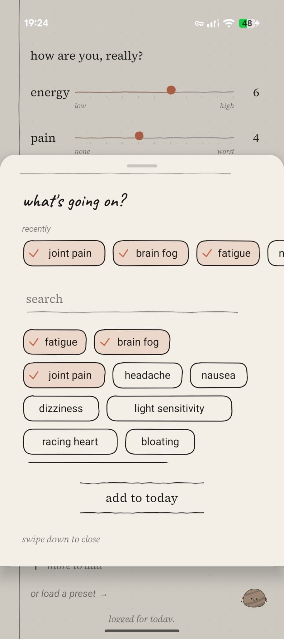 the pebble symptom picker: tap what is going on today