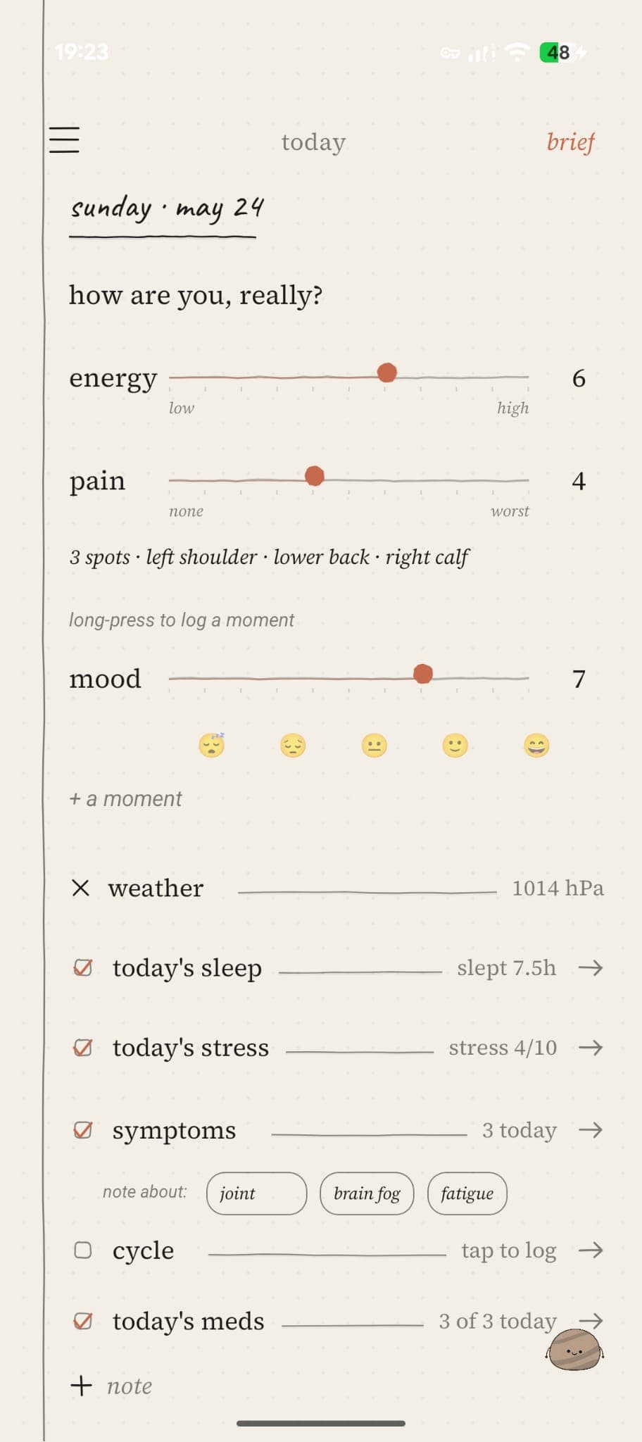 the pebble today log: energy, pain and mood in three sliders